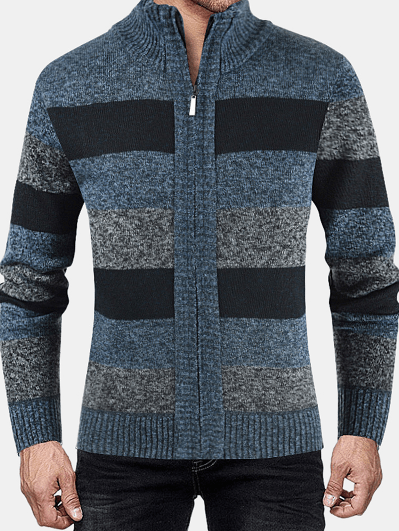 Mens Striped Graphics Knitting Zipper Warm Long Sleeve Sweater Jacket