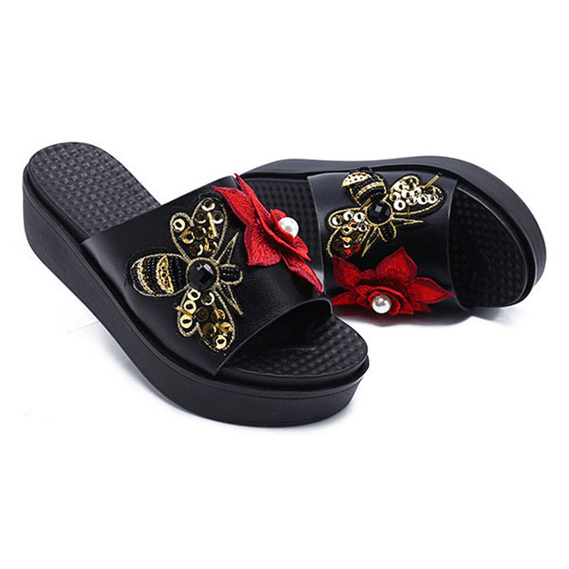 Women Summer Sandals Slip on Soft Sole Flower Embroidery Slippers