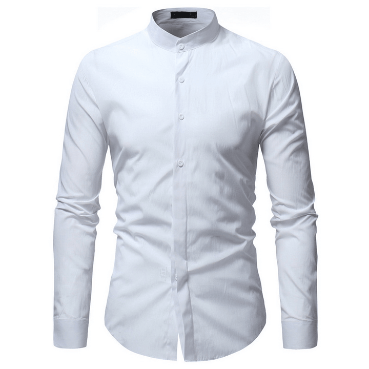 Mens Casual Business Stand Collar Slim Fit Long Sleeve Solid Color Shirts