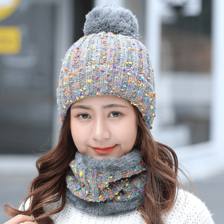 Thick Warm Wool Cap Bib Two-Piece Set Beanie Warm Winter Pom Cap - MRSLM