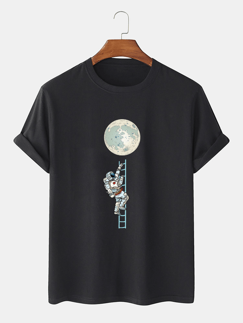 Mens 100% Cotton Funny Astronaut Print Short Sleeve Casual T-Shirts