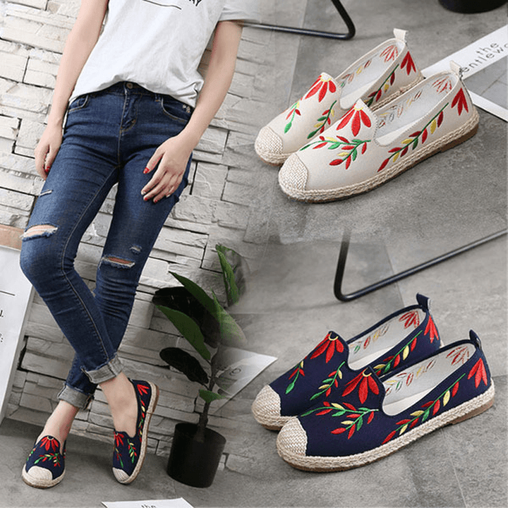 Women Casual Embroidered Flower Cloth Flat Loafers