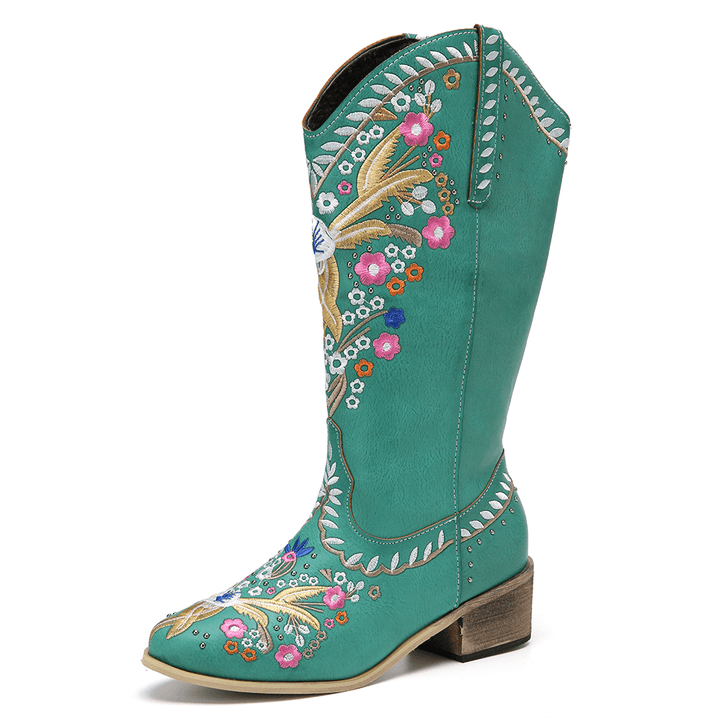 Women Leather Retro Floral Printing Wearable Comfy Slip on Chunky Heel Mid-Calf Cowboy Boots - MRSLM