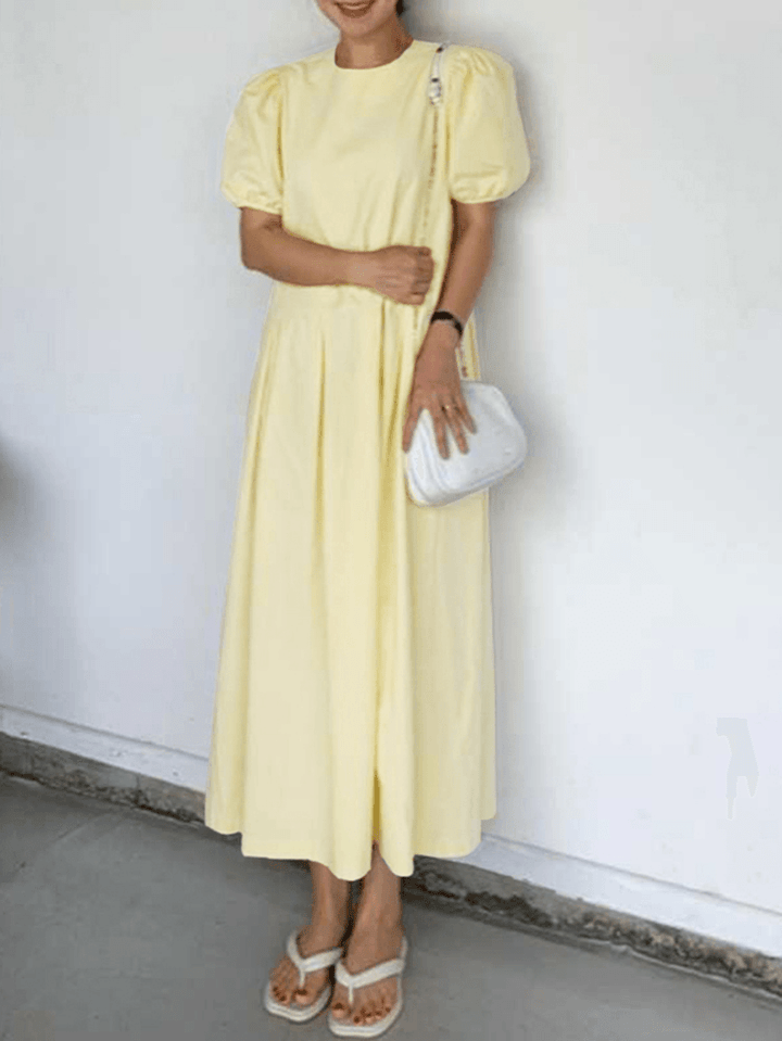 Casual Plain Round Neck Puff Sleeve Maxi Dress with Side Zipper and Pocket - Solid Stitching Maxi Dress for Summer