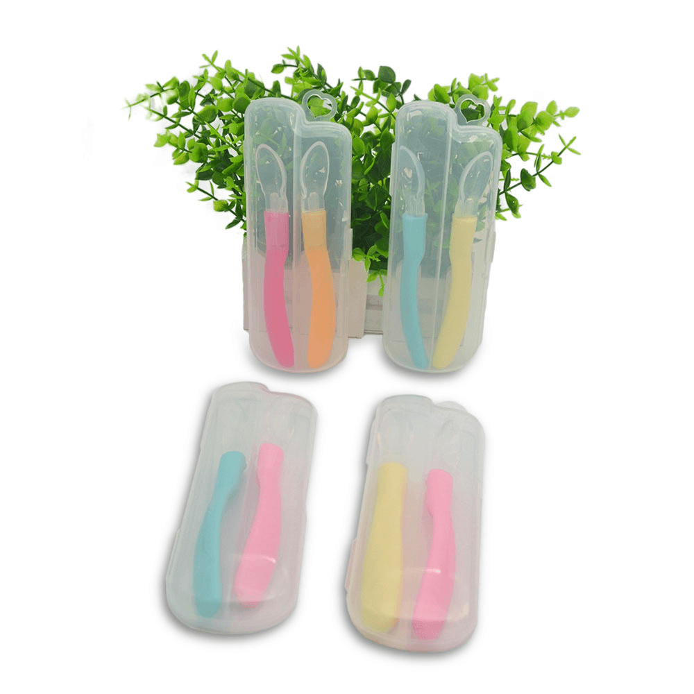 2PCS / Set Baby Silicone Soft Head Feeding Spoon with Storage Box Baby Special Spoon Safe and Non-Toxic with Box