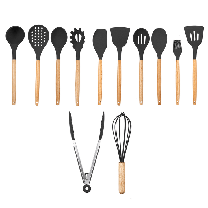 12Pcs Wooden Silicone Kitchen Utensil Nonstick Cooking Tool Spoon Soup Ladle Turner Spatula Tong Cookware Baking Gadget - MRSLM