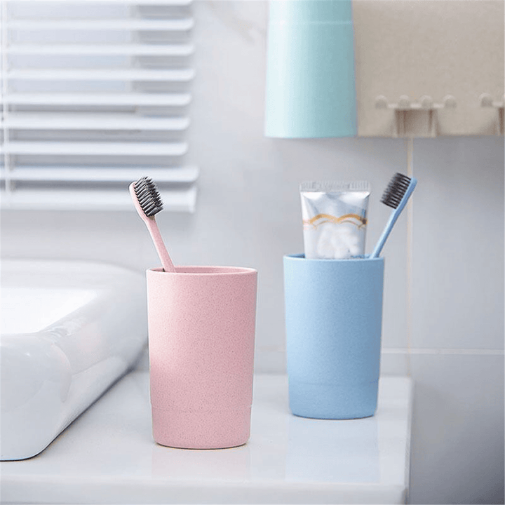 Multifunctional Wheat Straw 6 Toothbrushes Holder 2 Cups Suction Stand Home Bathroom Wall Mount