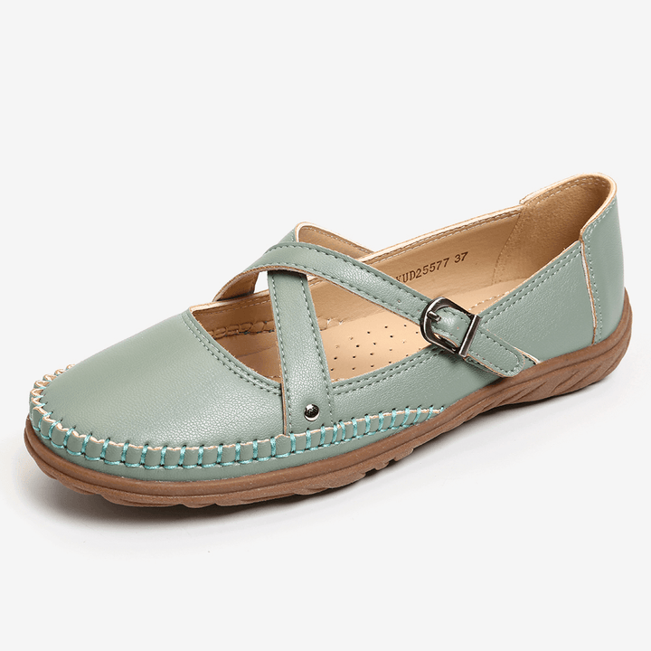 Women Cross Strap Stitching Buckle Slip Resistant Flats - MRSLM