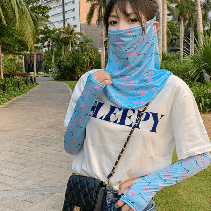 Women Sunscreen Outdoor UV Protection Ice Silk Sleeve Arm Guard Cover Face Ear Hanging Breathable Veil Mask