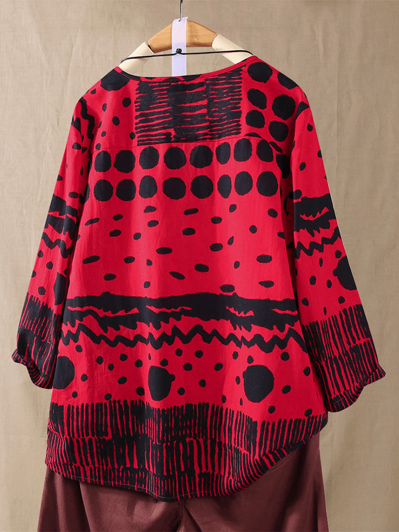 Women Polka Dot Print 3/4 Sleeve Loose Vintage Blouse