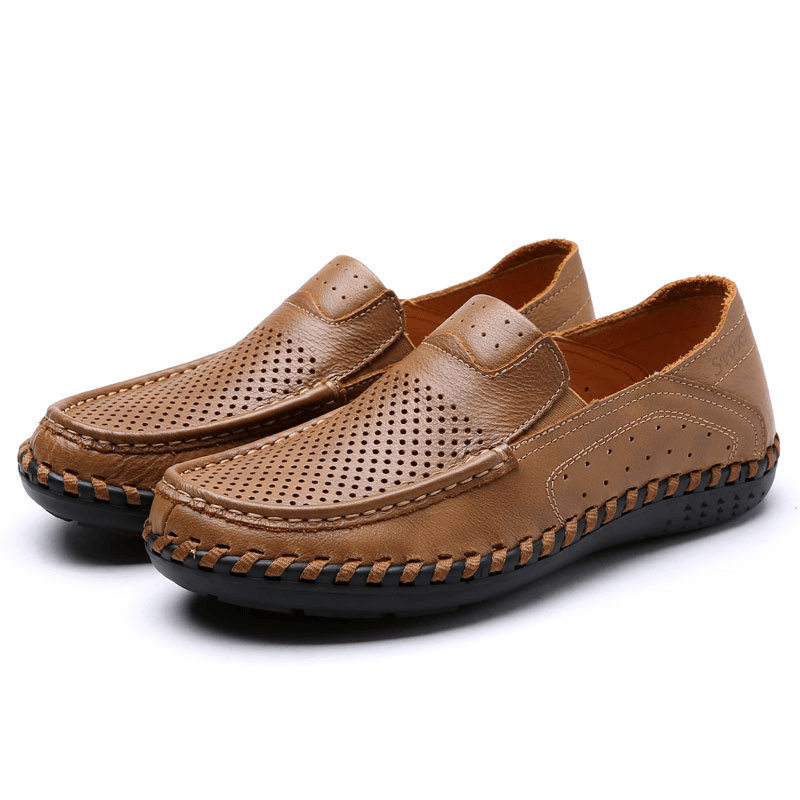 Men Leather Breathable Hollow Out Hand Stitching Soft Sole Non Slip Comfy Casual Shoes