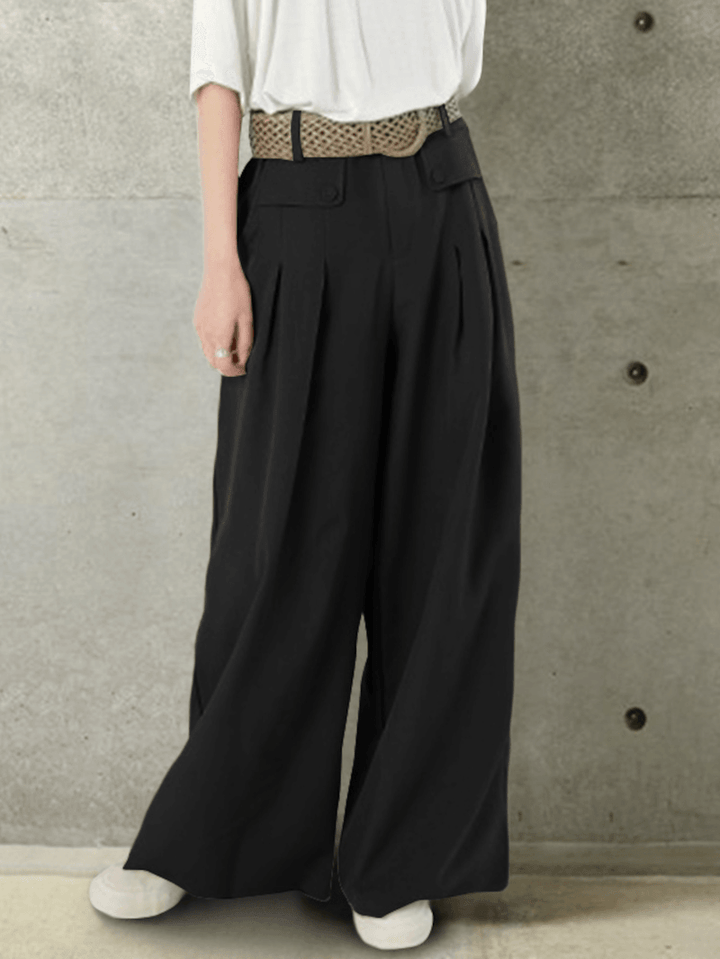 Women Solid Color Button Casual Loose Wide Leg Pants with Pocket