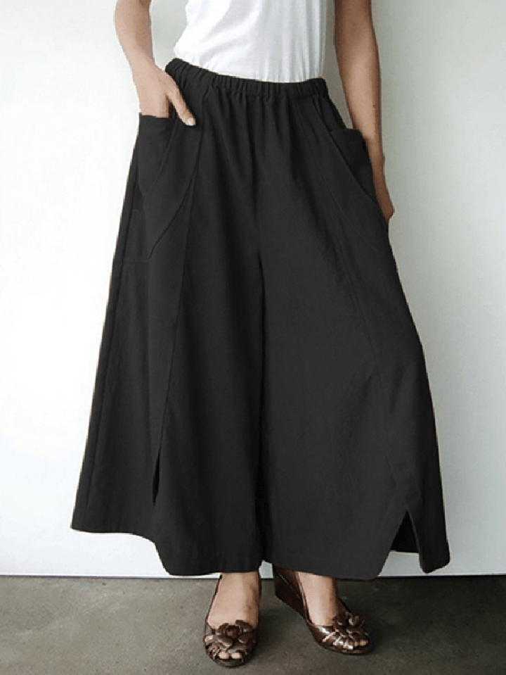 Women Cotton Solid Color Side Pockets Front Fork Wide Leg Pants - MRSLM