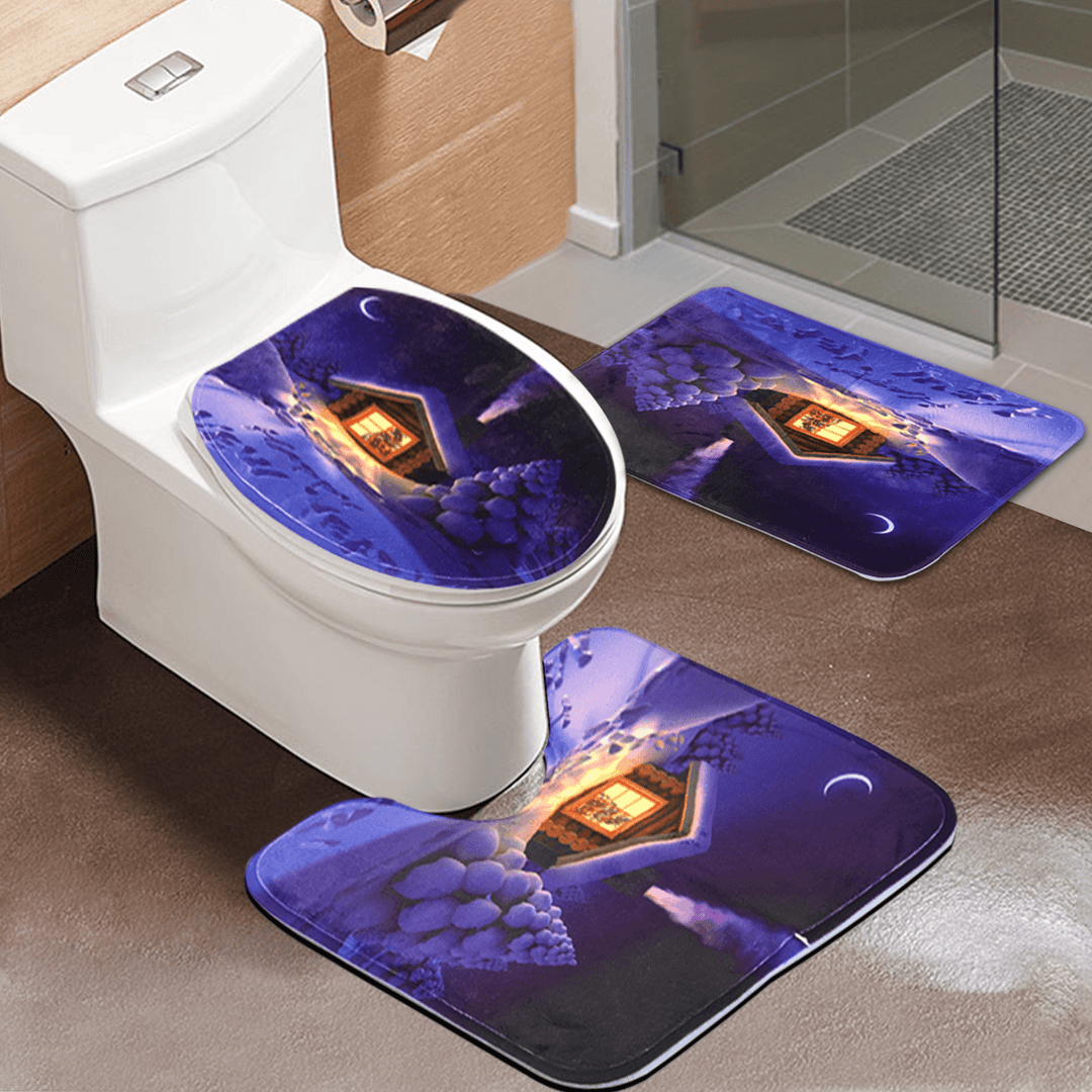 3Pcs Bathroom Set Flannel Carpet Christmas Toilet Non-Slip Rug Lid Pedestal Mat