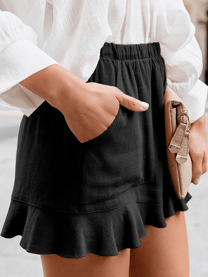 Women Solid Color Elastic High Waist Pocket Shorts