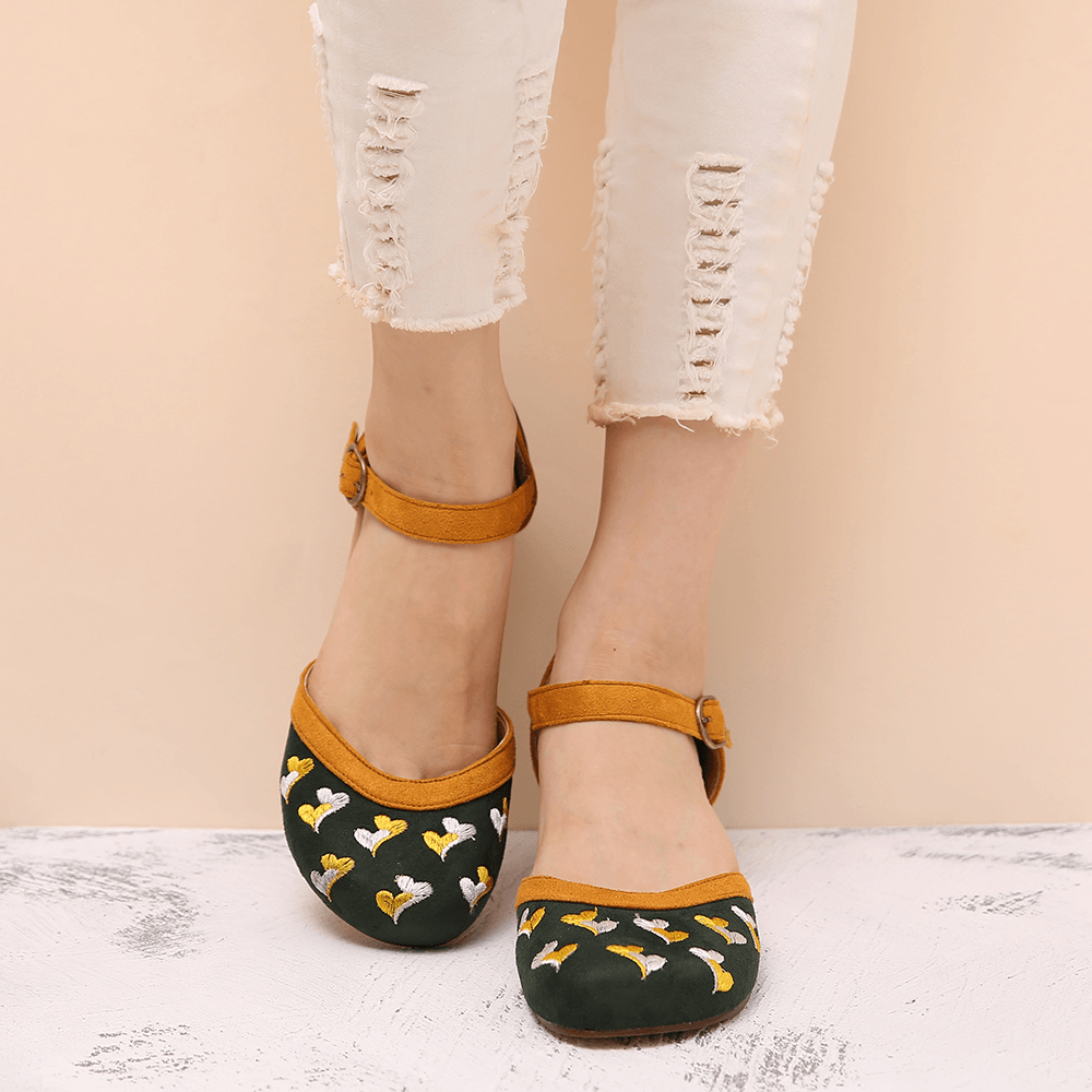 LOSTISY Women Embroidery round Toe Ankle Strap Comfy Casual Heels Pumps