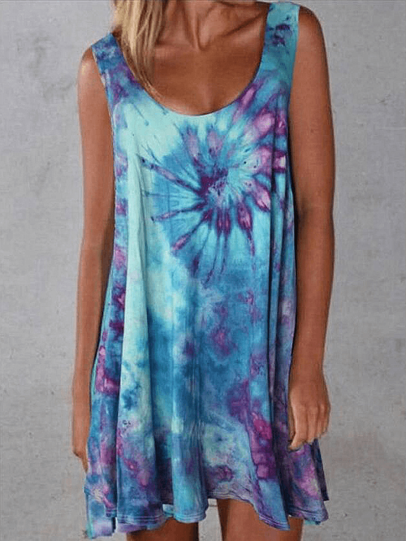 Women Tie-Dye Print Crew Neck Summer Sleeveless Loose Dress