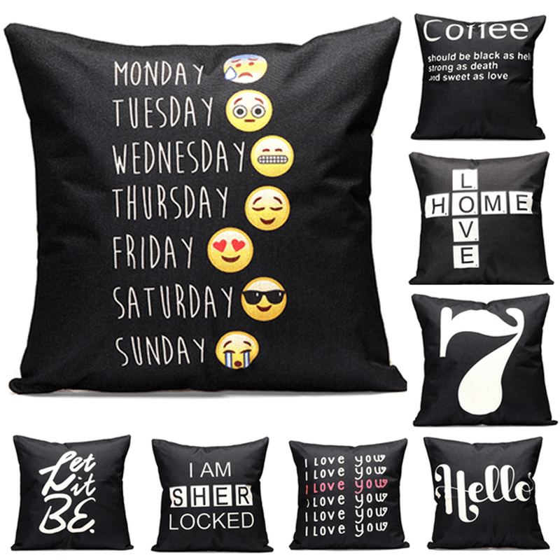 43X43Cm Black English Letter Fashion Cotton Linen Pillow Case Home Sofa Seat Bed Car Cushion Decor