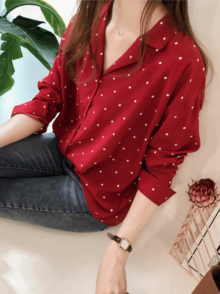 Polka Dot Print V-Neck Long Sleeve Casual Blouse