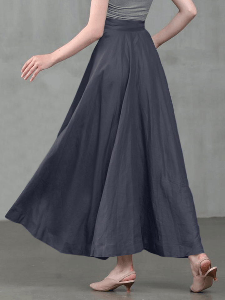 Women Solid Color Back Zip Pleated Casual Swing Skirts with Pocket