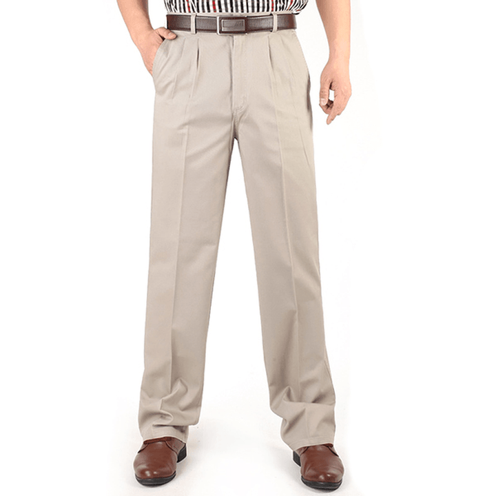 Mens Loose Thin Cotton Work Straight Leg Pants Breathable Wash-And-Wear Casual Slacks