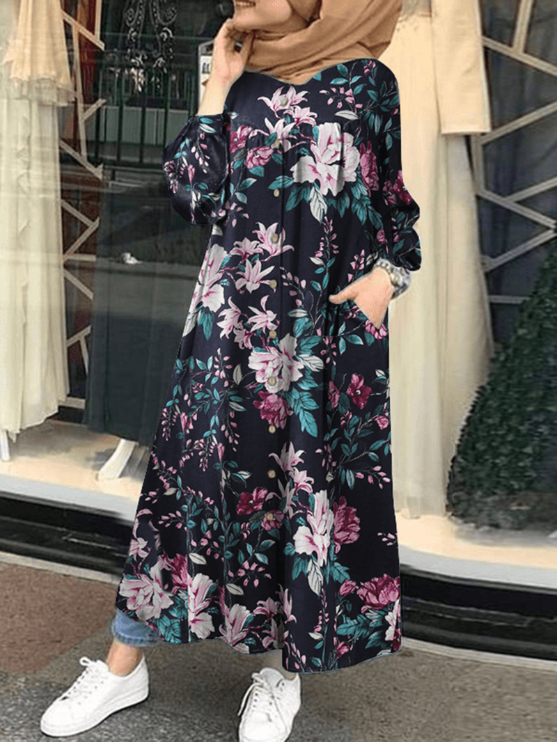 Women 100% Cotton Floral Print Mid-Calf Length Kaftan Maxi Dresses with Side Pocket