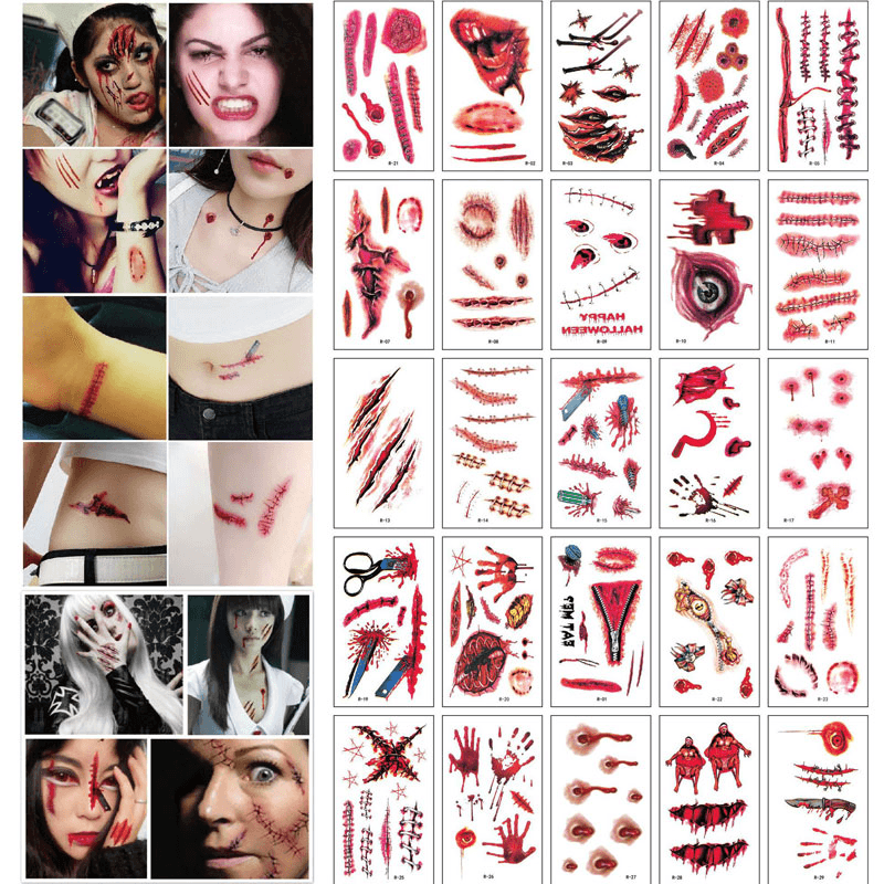 30Pcs/Set Waterproof Halloween Bloody Wound Tattoo Sticker Scary Lifelike Temporary Tattoo Stickers Horror Party Decoration