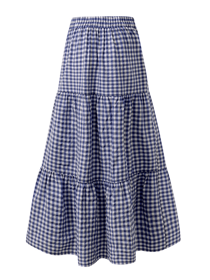 Women Plaid Pleated Lace-Up Elastic Waist Swing Skirts