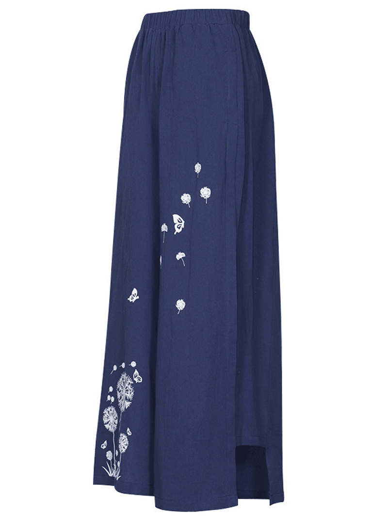 Women Floral Print Elastic Waist Loose Wide Leg Pants with Pocket