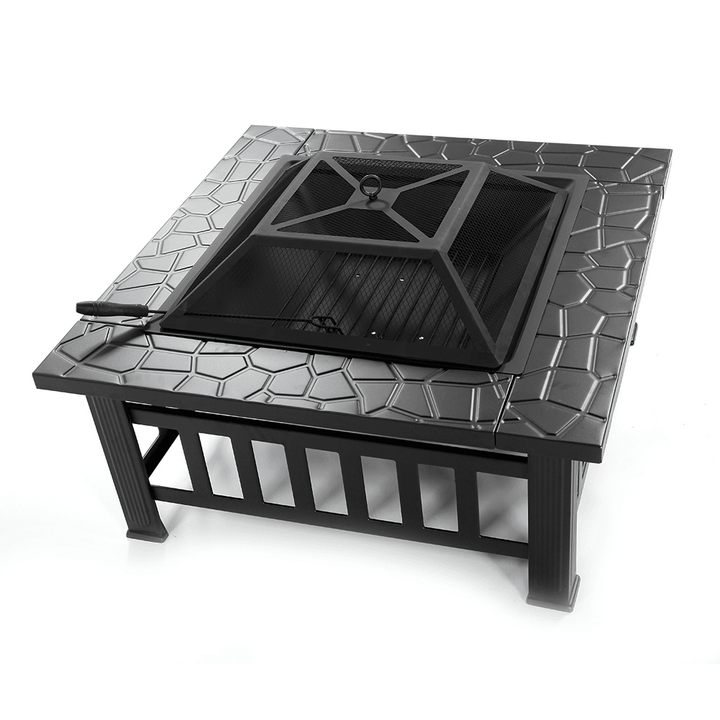 Outdoor Portable 32'' Metal Fire Pits Camping BBQ Square Table Backyard Patio Garden Stove Wood Burning Fireplace