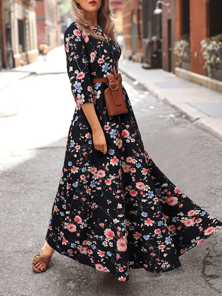 Women Bohemia Floral Print O-Neck Casual Half Sleeve Holiday Maxi Dresses