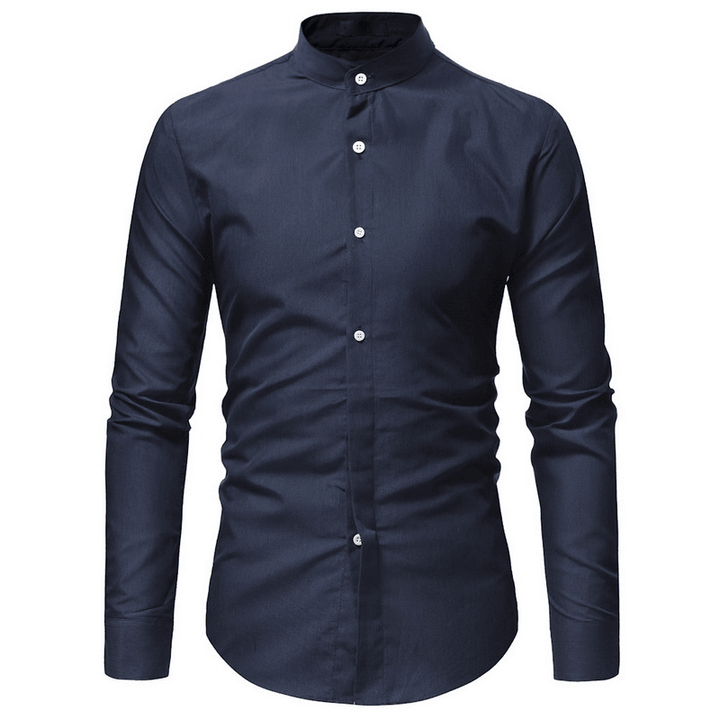 Mens Casual Business Stand Collar Slim Fit Long Sleeve Solid Color Shirts