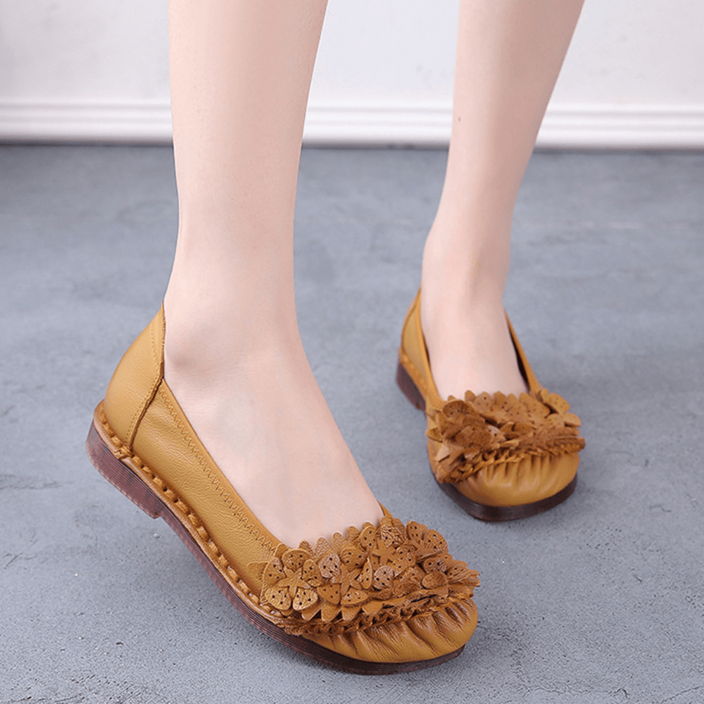 Women'S Solid Color Floral Pleated Soft Flat Driving Shoes