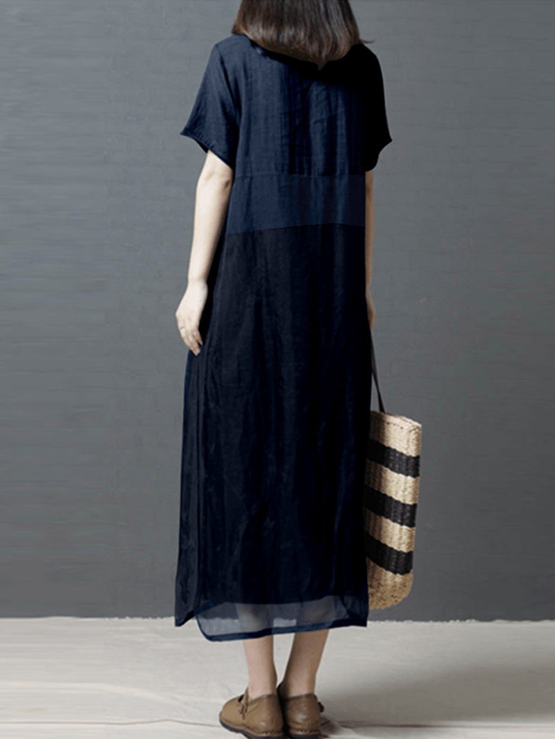 Women Solid Color Patchwork round Neck Cotton Midi Dress with Pocket