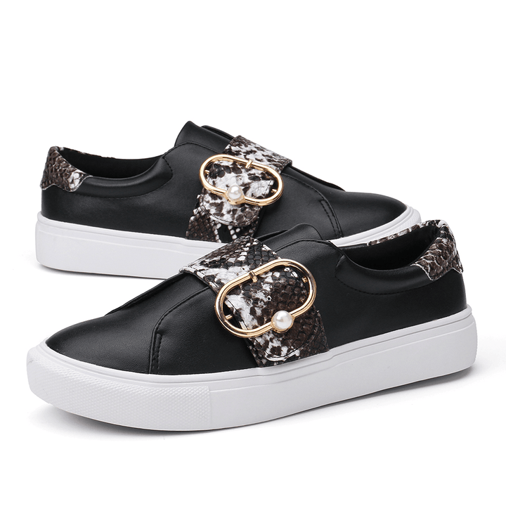 LOSTISY Women Metal Buckle Snake Print Comfy Casual Flats