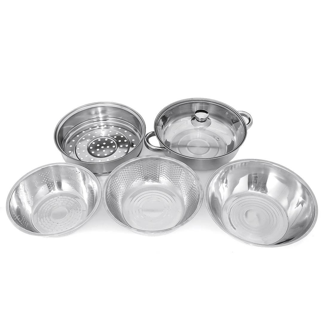 6Pcs/Set Stainless Steel Outdoor Cookware Combination Pot Anti-Corrosion Lightweight Steamer Fruit Basin for Camping Hiking Household