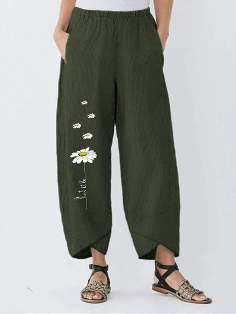 Women Flower Print Cotton Elastic Waist Casual Loose Pants