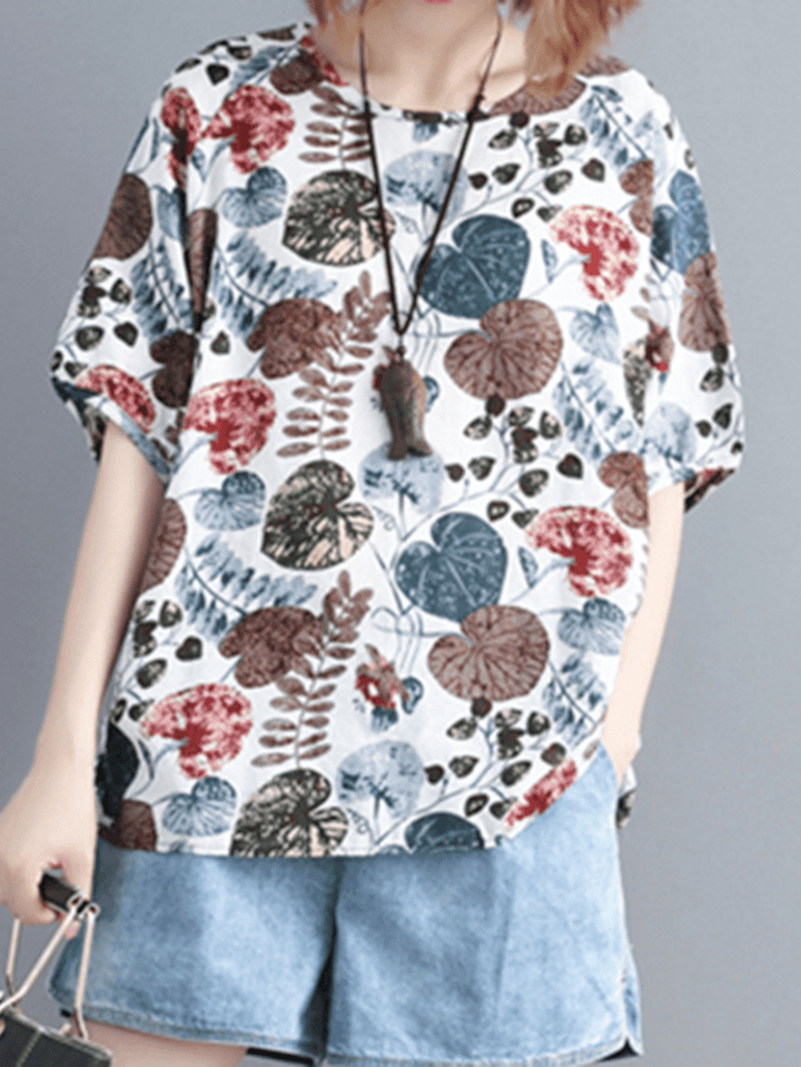 Women Plant Leaf Print round Neck Casual Relaxed Half Sleeve Blouses