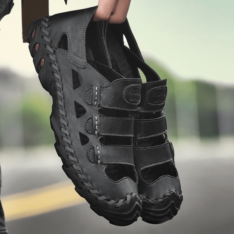 Men Cowhide Breathable Hollow Out Hand Stitching Soft Bottom Slip on Casual Outdoor Sandals