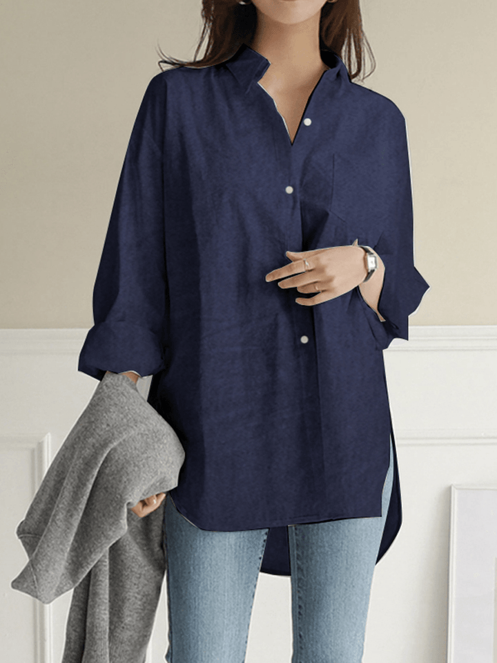 Women's Solid Color Denim Shirt with Irregular Hem and Chest Pocket