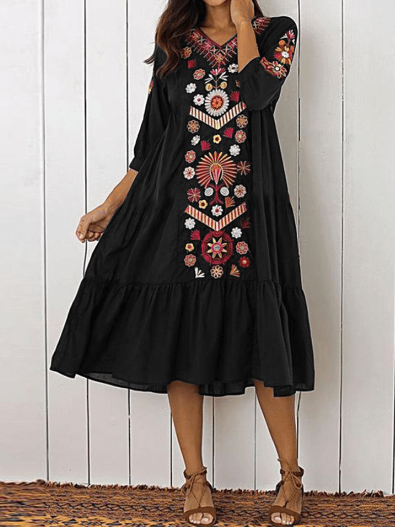 Ethnic Women V-Neck Long Sleeve Floral Print Holiday Bohemian Pleated Maxi Dress