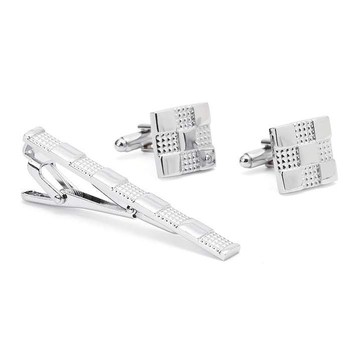 Unisex Silver Grid Cufflinks Business High-Grade Tie Clip