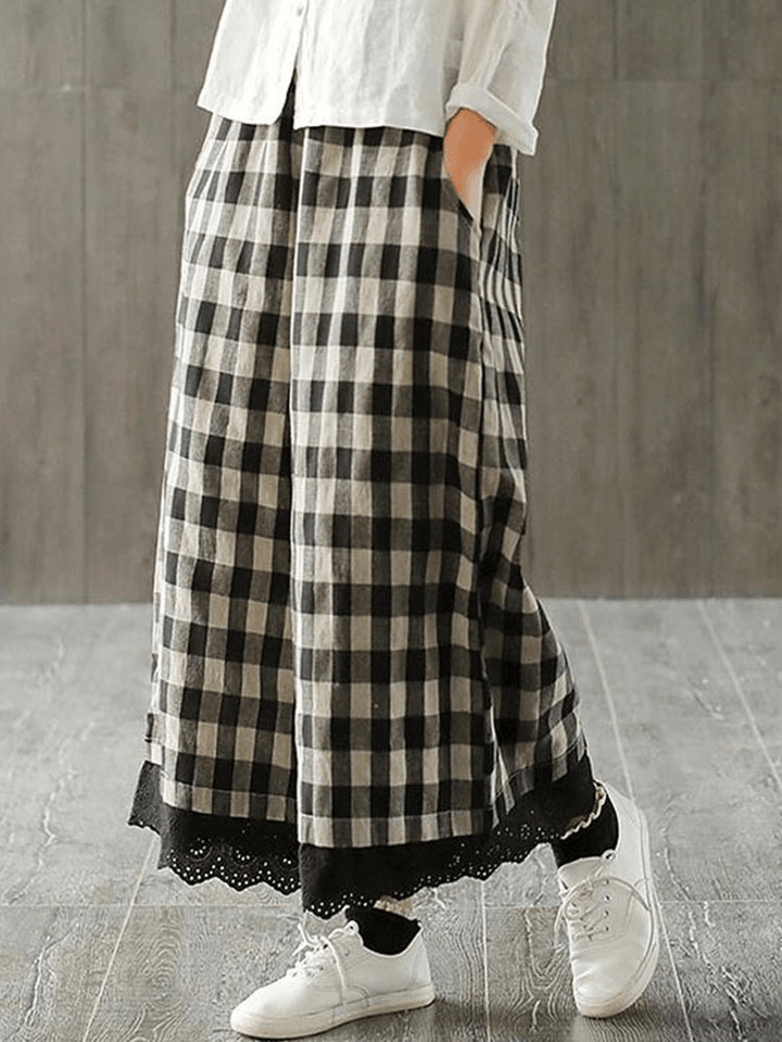 Wide Leg Women Plaid Elastic Waist Pockets Pants