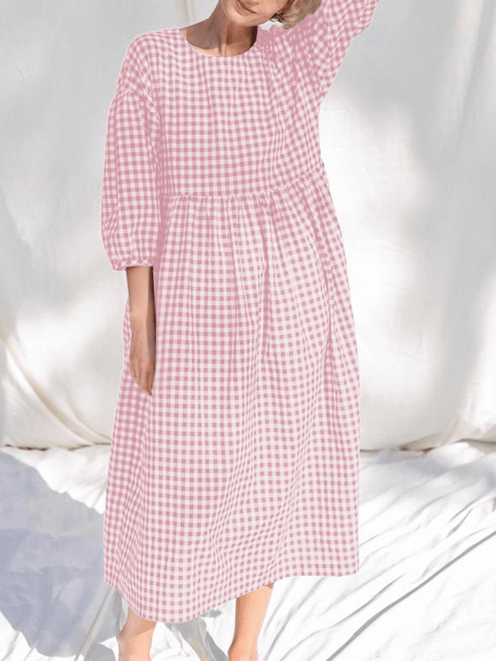 Women Plaid Print Pleated round Neck Casual Half Sleeve Midi Dresses