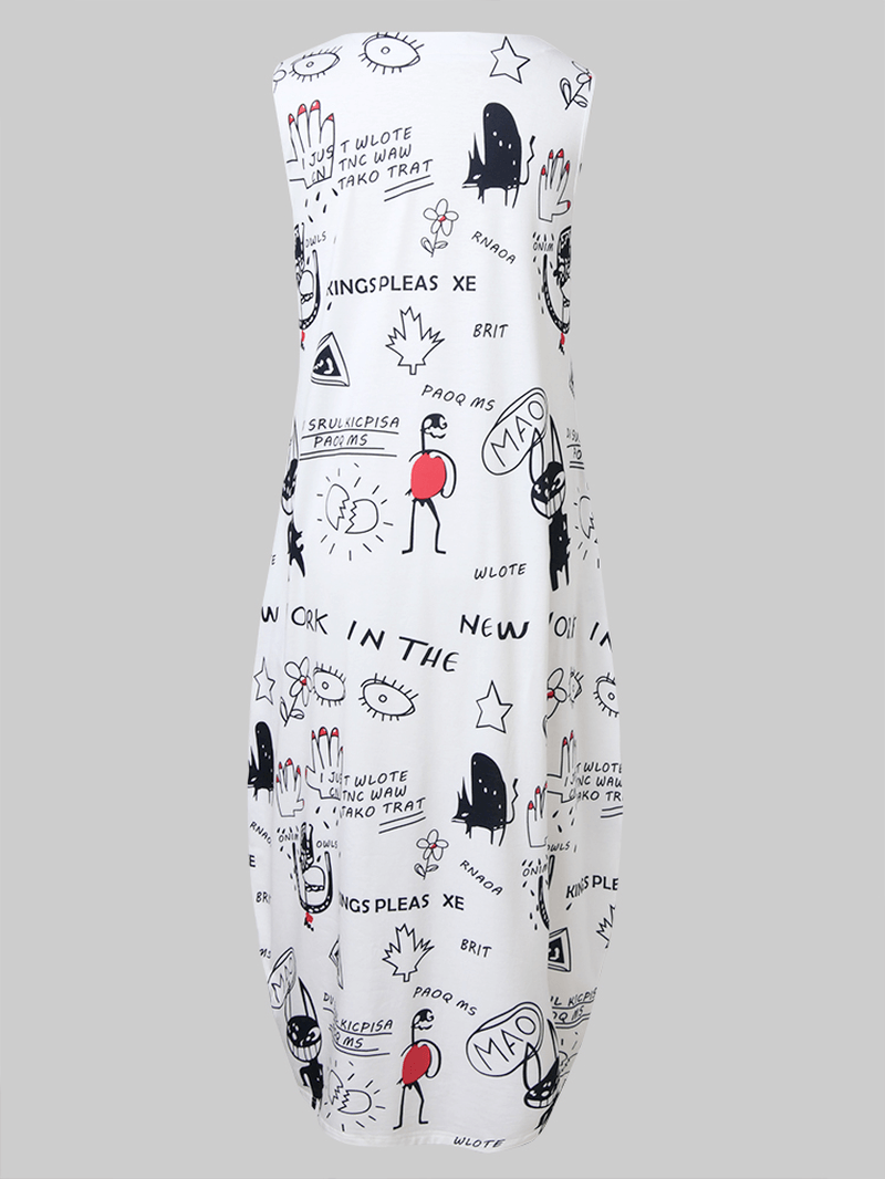 Cartoon Fun Graffiti Print Sleeveless V-Neck Casual Dress with Pocket