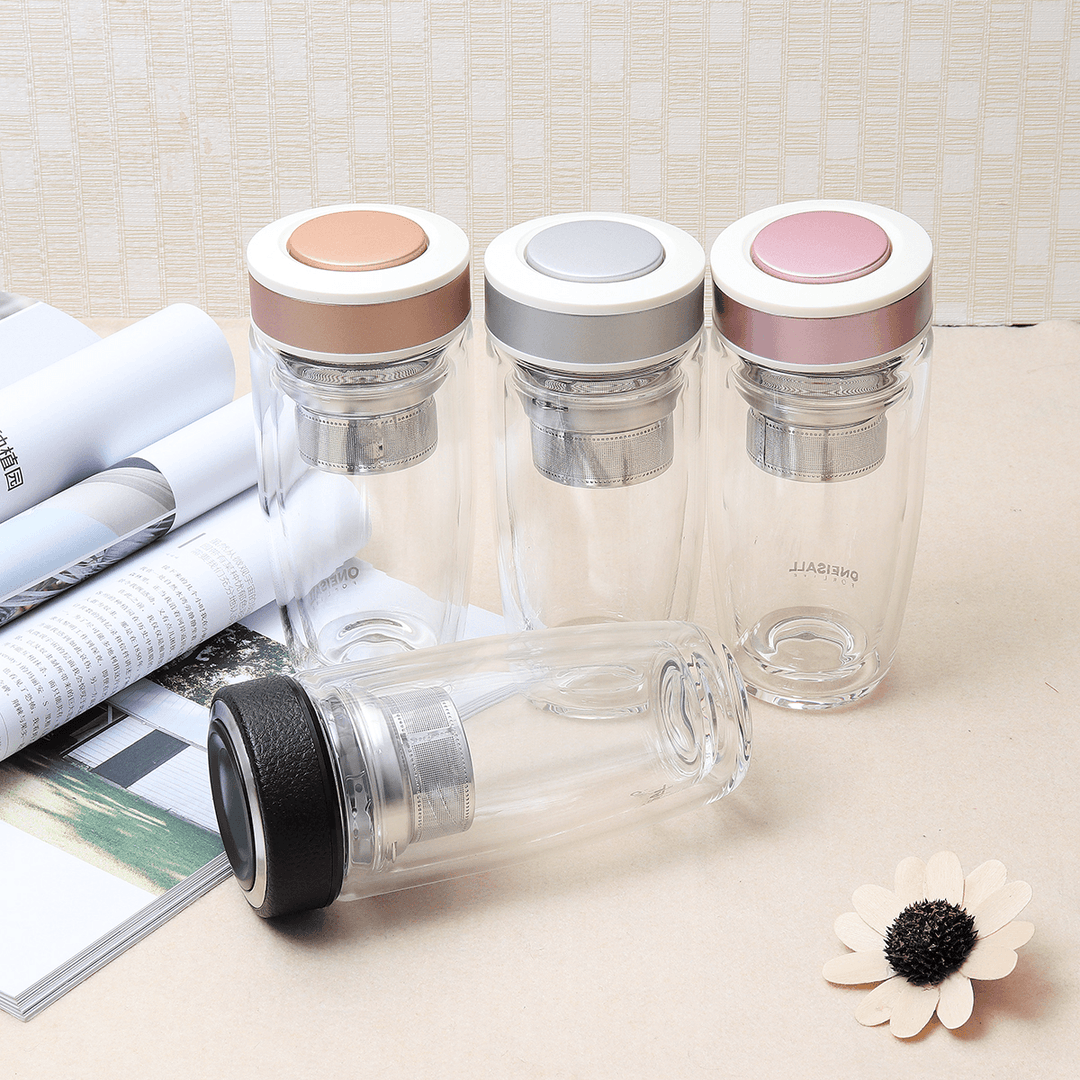 380ML Double Wall Glass Tea Tumbler Water Bottle with Filter Infuser Travel Mug