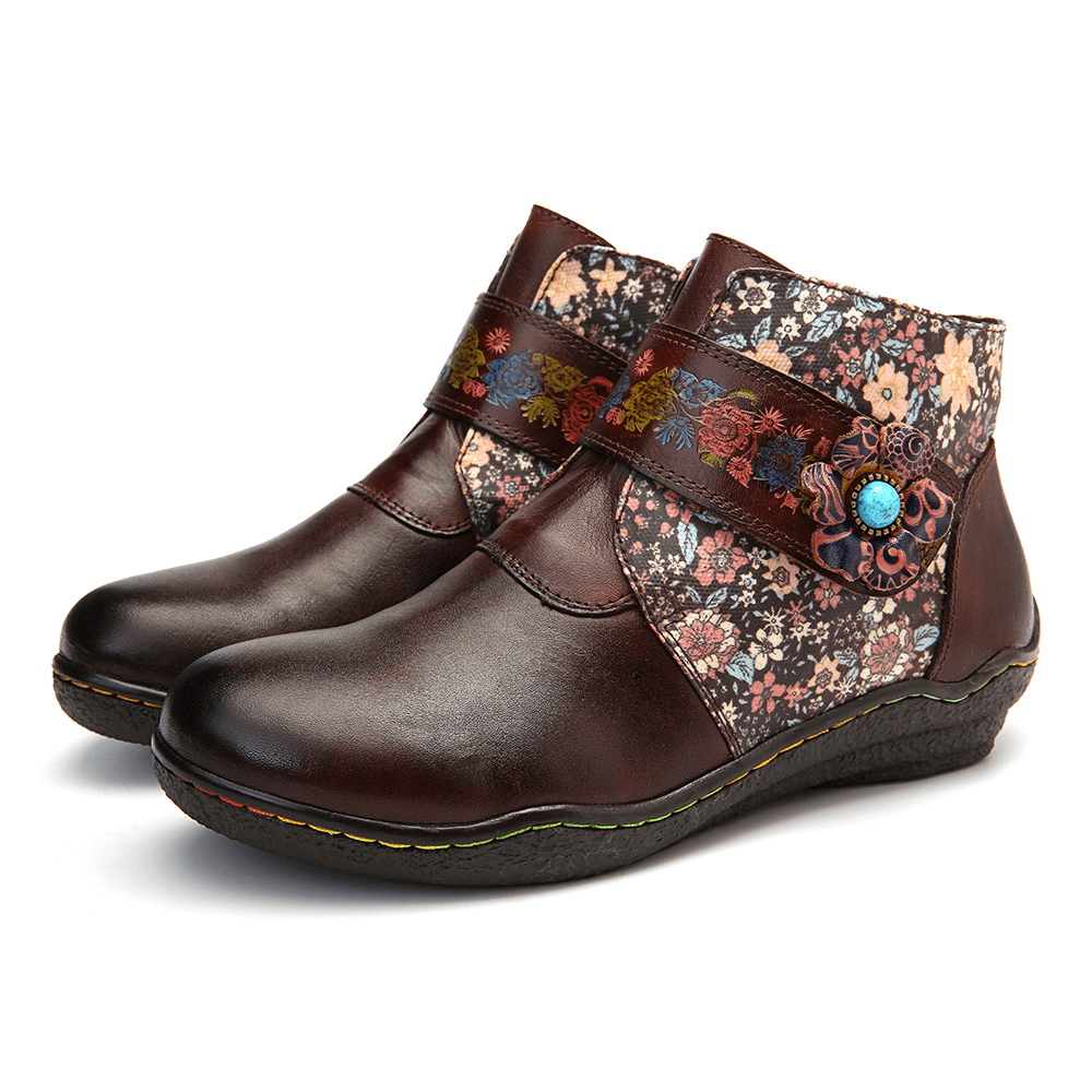 Retro Small Flowers Colorful Stitching Soft Leather Boots