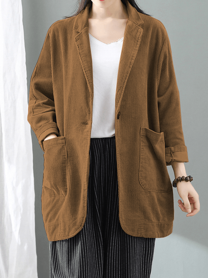 Women Corduroy Lapel Solid Full Sleeve Retro Leisure Front Pockets Suit - MRSLM