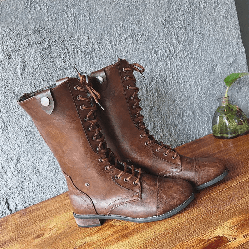 Womens Motorcycle Warm Lace up Winter Casual Mid Calf Boots