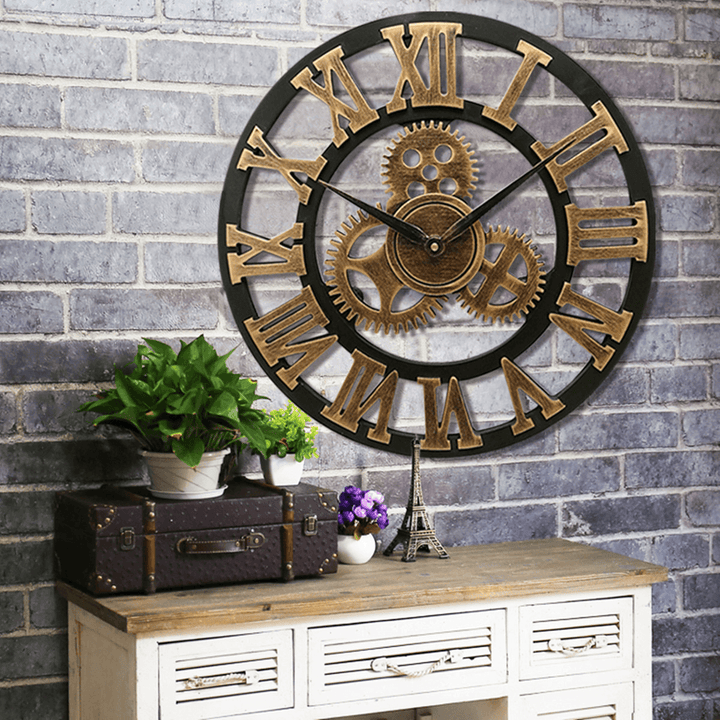 19 Inch Antique Roman Numerals Silent Wall Clock Rustic Wheel Gear Wooden Decor Clock